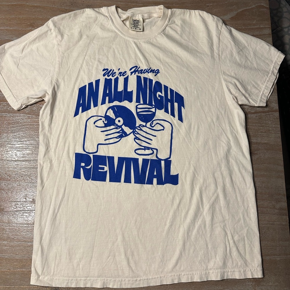 All Night Revival Cream Tee with Blue Graphic
